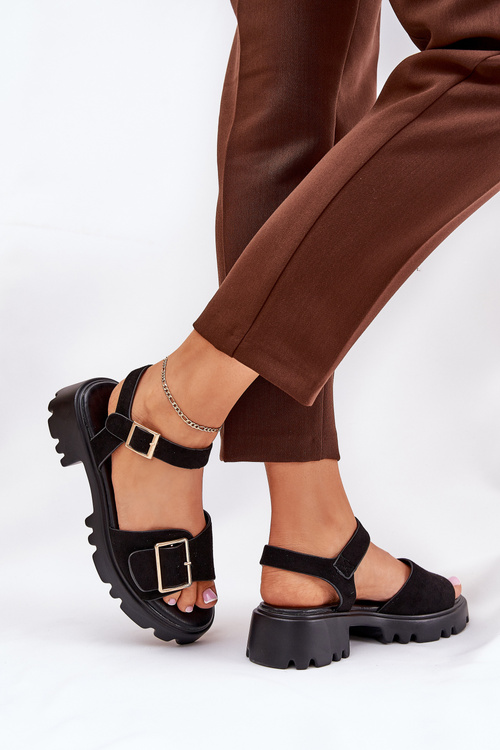 Eco Suede Sandals Women's With Buckle Black Gofielle