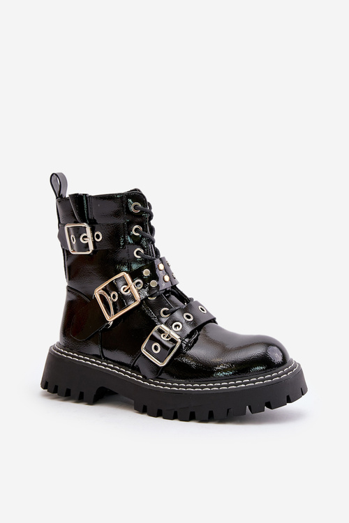 Lacquered Worker Boots With Buckles Black Serizia