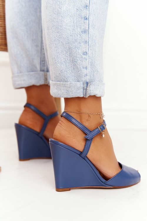 Leather Wedge Sandals Laura Messi 2253 Navy Blue