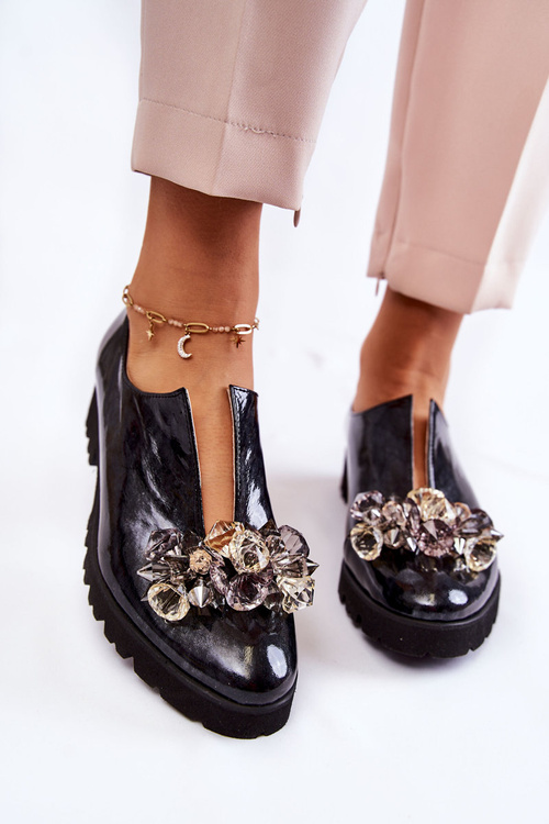 Półbuty Skóra Lakier Ozdoba Czrano-Szare Cindy