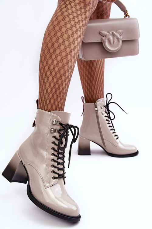 Ladies Glossy Lace-up Boots on Heel D&A MR870-06 Light gray