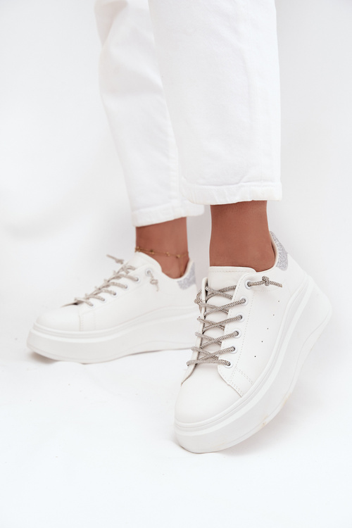 Women's Sneakers on Platform with Decorative Lacing and Glitter White Belmira