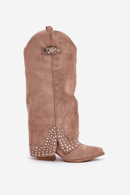 Botki Z Dżetami I Wywiniętą Cholewką Na Słupku Ciemnobeżowe Iveliri