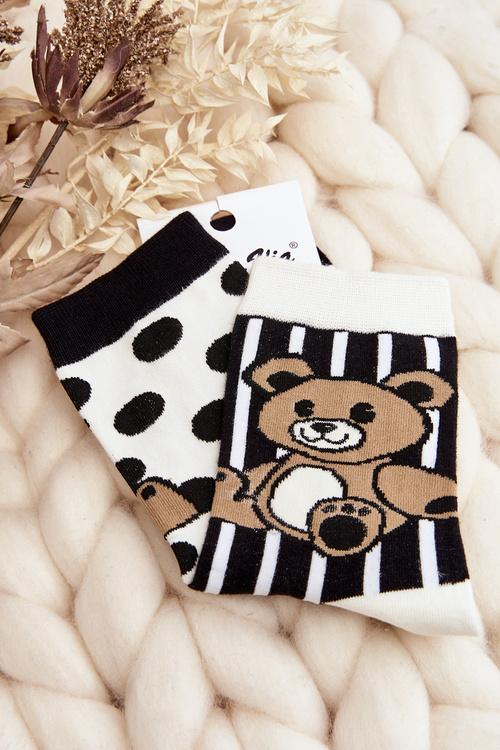 Wzorzyste Skarpety Damskie Nie Do Pary Miś Biało-Czarne