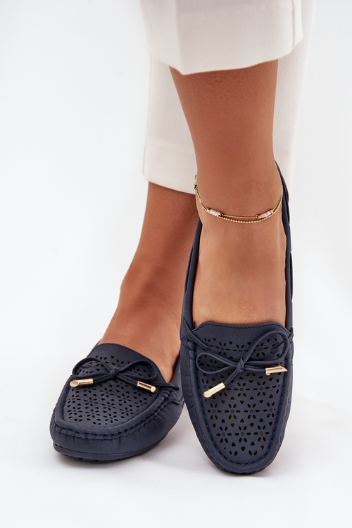 Damskie Mokasyny Ażurowy Wzór Wiązanie Granatowe Mirisa