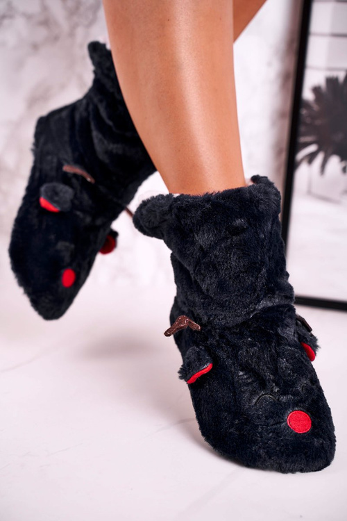 Świąteczne Papcie Z Reniferem Ocieplone Kożuszkiem Czarne Rudolph