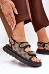Ladies Patterned Fabric Sandals With Golden Details Beige-Black Pefese