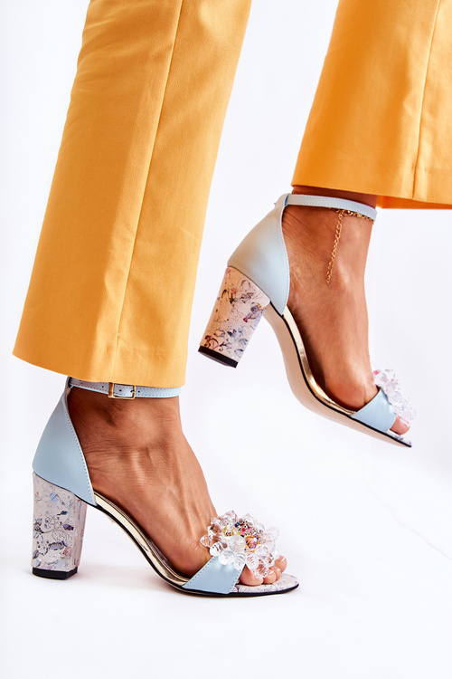 Sandałki Skórzane Obcas Słupek Kryształki Niebieskie Velinda