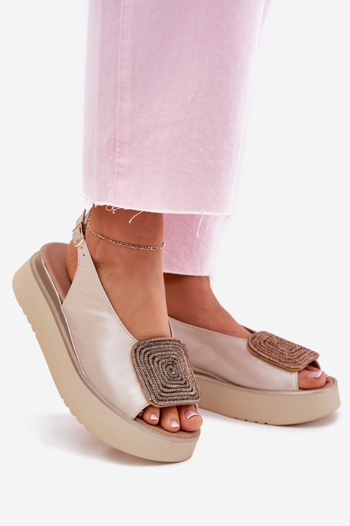 Zazoo 1786 Leather Women's Sandals On Platform With Decoration Pearl Beige