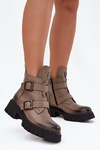 Leather Insulated Women's Ankle Boots With Buckles And Decorative Detail Zazoo 60482 Dark Beige