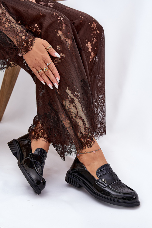 Eleganckie Mokasyny Damskie Skórzane Lakierowane Czarne Vinceza 91125