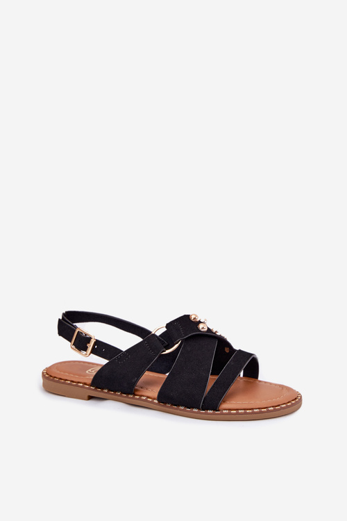 Damskie Sandały Płaskie Złote Ćwieki Czarne Zanira