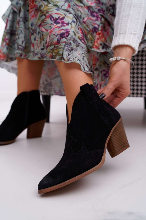 Botki Damskie Czarne Skórzane na Obcasie Chavai