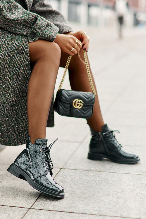 Leather Patent Ankle Boots Women's Insulated Zip D&A LZ42-042 Dark Green