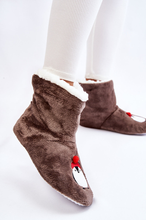 Papcie Damskie Wsuwane Ocieplane Pingwiny Ciemnoszare