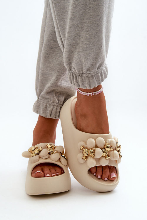 Women's Foam Slides with Decorations on Thick Sole Light Beige Bremavia