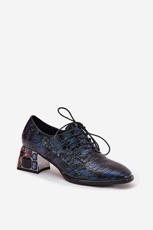 Damskie Półbuty Skóra Lakierowane Obcas Z Kryształkami Granatowe Artiker 55C0428