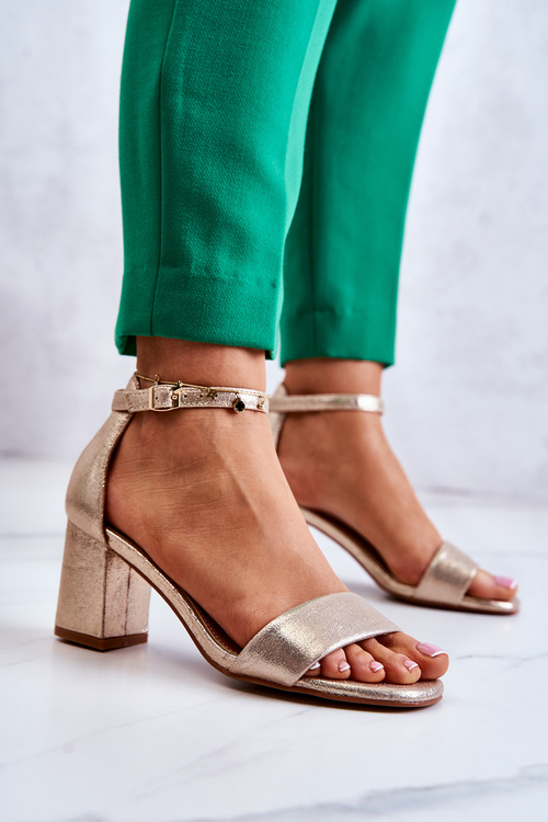 Sandały Damskie Modne Obcas Słupek Złote Lucida