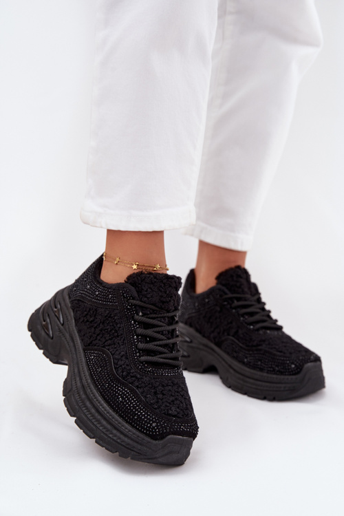 Ladies Sneakers With Rhinestones And Sheepskin Black Zarika