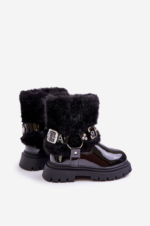Lacquered Girls Boots With Fur And Buckles Black Cartemes