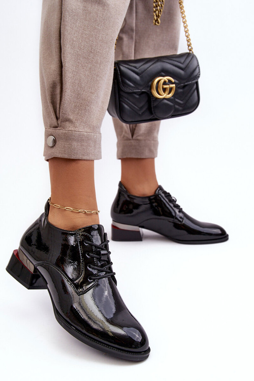 Półbuty Damskie Lakierowane Sznurowane Czarne Banosa 58160