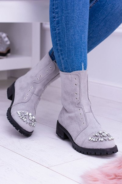 Lu Boo | Grey Women's Ankle Booties with Zircons Carrie