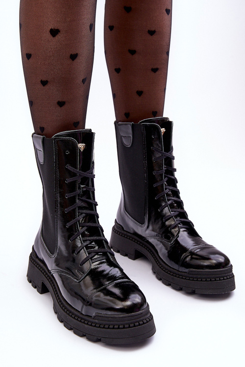 Workery Botki Damskie Sznurowane Skóra Czarne Nicole 2836