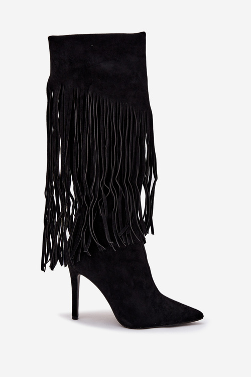 Women's High Heel Boots with Fringes Black Isalune