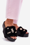 Ladies Platform Slippers With Fur And Gold Clips Black Livira