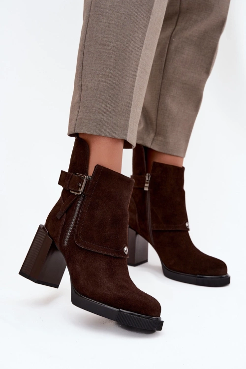 Ankle boots made of natural suede on a block heel with a buckle Vinceza 91152 chocolate
