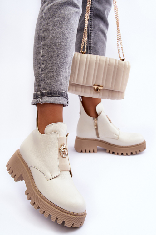 Women's Leather Boots with Decoration Light Beige Lusanna