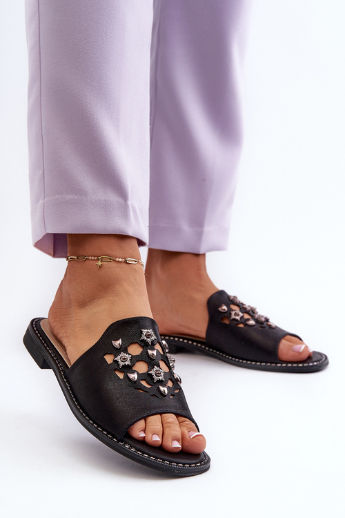 Klapki Błyszczące Z Ozdobami Damskie Czarne S.Barski KV27-063