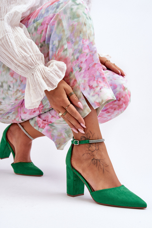 Suede Pumps with Rhinestones Green Diamond