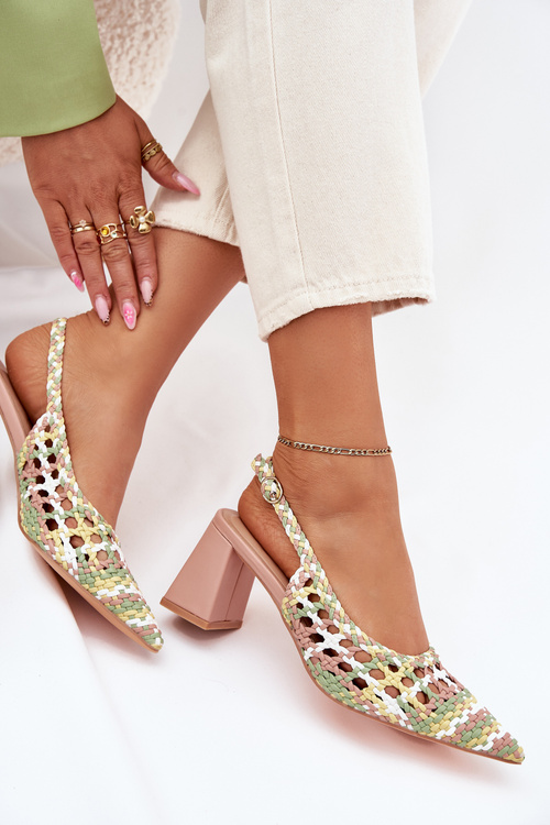 Woven Block Heel Sandals Pink Ebina