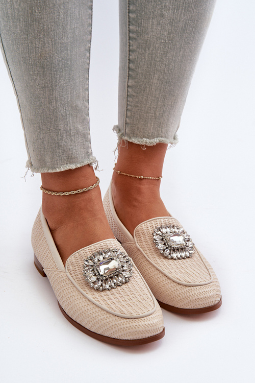 Mokasyny Damskie Płaski Obcas Broszka D&A MR38-676 Beżowe