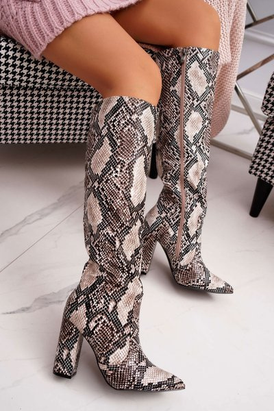 Women's Stiletto Boots Snake Leather Beige Brogues