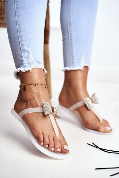 White Women's Flip Flops Meliski with Bow Tie Sequins Morello