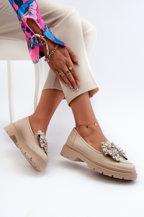 Women's Leather Moccasins With Bow Laura Messi 2787 Beige