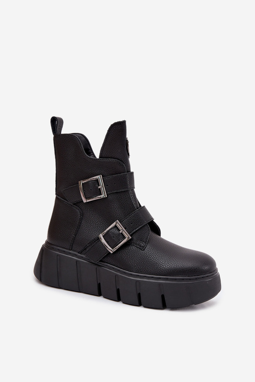 Leather Insulated Women's Ankle Boots On Platform With Buckles Vinceza 66842 Black