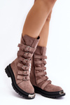 Leather High Boots with Straps  Dark Beige Elnatea