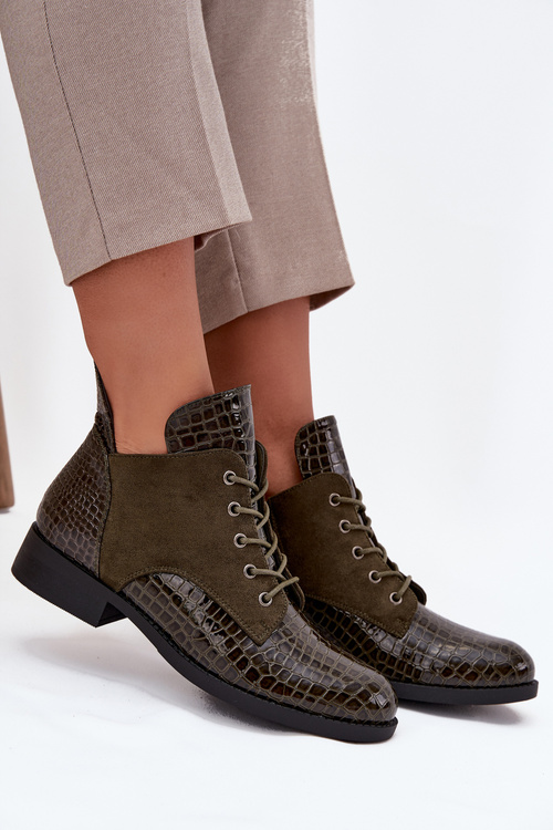 Patent Leather Women's Ankle Boots With Decorative Embossing Lined Vinceza 16477 Dark Green