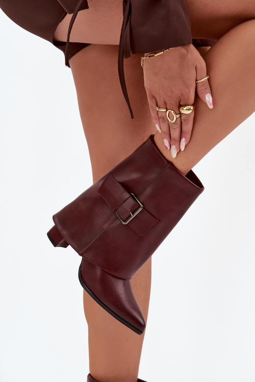 Warm Ankle Boots On Heel With Folded Shaft And Buckle Bordeaux Ylenara