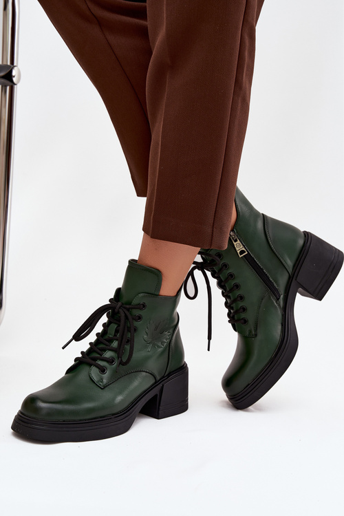 Women's Leather Block Heeled Boots with Lining Vinceza 39950 Dark Green