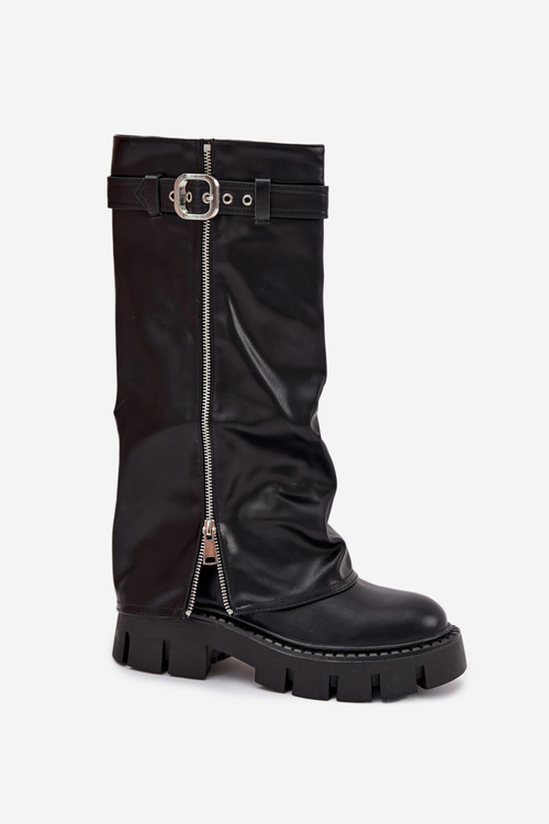 Insulated boots with turned collar buckle and silver zipper Black Armena