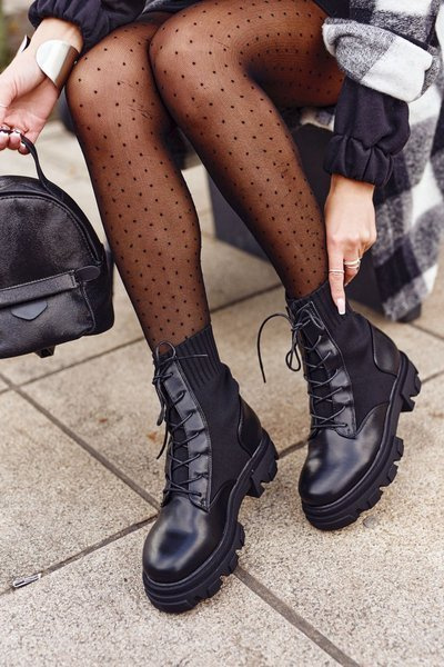 Women's Biker Lace-up Boots Sock Black My Need
