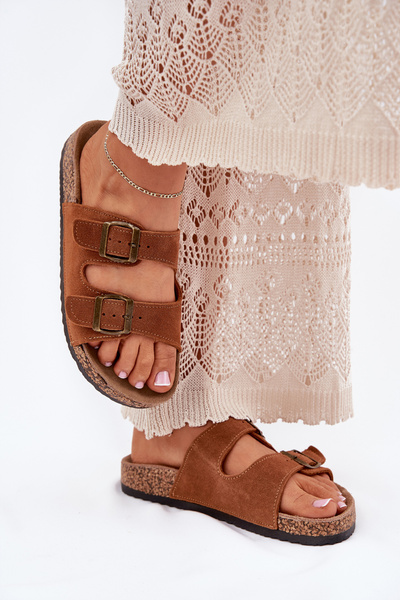 Damskie Zamszowe Klapki Korkowa Podeszwa Klamry Camel Tavira