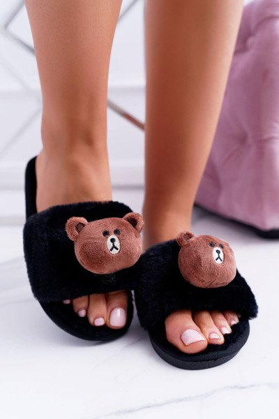 Lu Boo Women's Black Plush Teddy Bear Flip Flops
