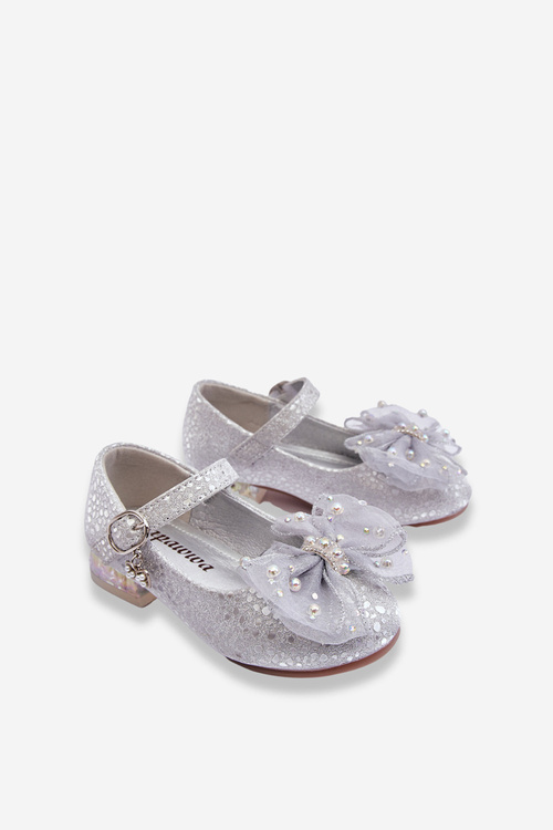 Children's Ballerinas With Velcro Bow Silver-Grey Nicola