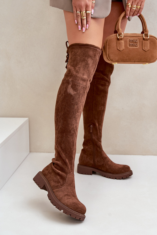 Knee High Boots With Flat Heel Made Of Eco Suede Brown Arkelia