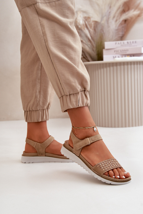 Zdobione Sandały Damskie Na Rzep Lekkie I Wygodne Ciemnobeżowe Inblu CN000039